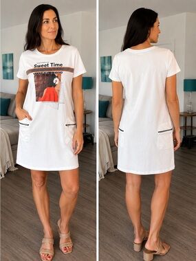 Tricotto Sweet Time Graphic T-Shirt Dress | White | Size Small | New Without Tag
